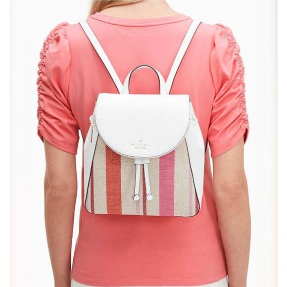 Kate Spade Leila Flap Striped Canvas Backpack Pebbled Leather Pink White main image 9